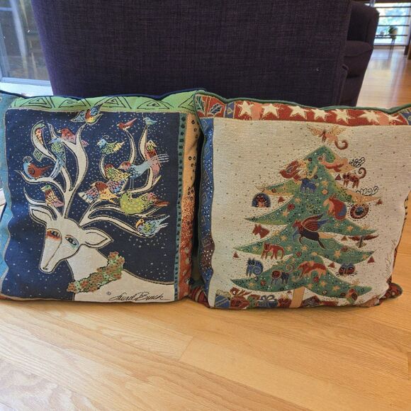 Laurel Burch Cats Tapestry Throw Pillow Christmas Tree Cats Animals 17" Green Bk - Picture 11 of 11